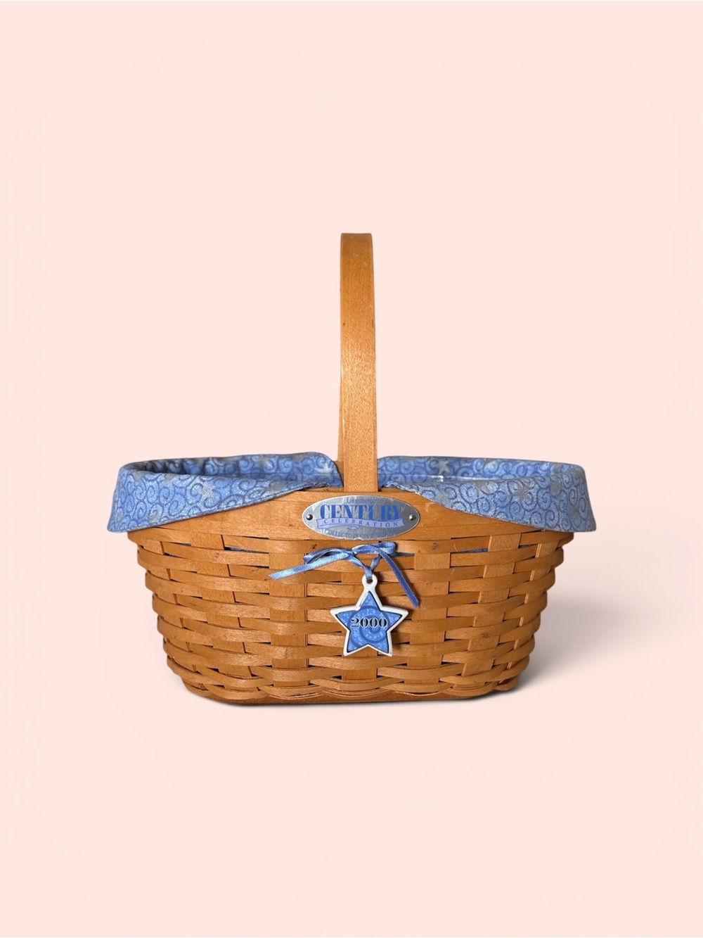 Longaberger Brown Woven Basket with Blue Liner and Star Charm